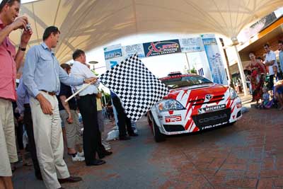 23;14-November-2008;ARC;Anne-Gigney;Australia;Australian-Rally-Championship;Coffs-Coast;Coffs-Harbour;NSW;New-South-Wales;Paul-Gover;Toyota-Corolla-Sportivo;auto;ceremonial-start;fisheye;media-day;motorsport;racing