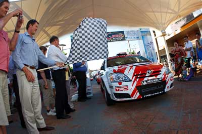 23;14-November-2008;ARC;Anne-Gigney;Australia;Australian-Rally-Championship;Coffs-Coast;Coffs-Harbour;NSW;New-South-Wales;Paul-Gover;Toyota-Corolla-Sportivo;auto;ceremonial-start;fisheye;media-day;motorsport;racing