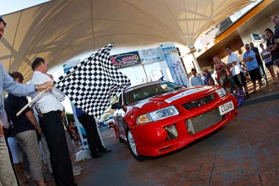 29;14-November-2008;ARC;Australia;Australian-Rally-Championship;Coffs-Coast;Coffs-Harbour;Evo-6;Margot-Knowles;Mitsubishi-Lancer;Mitsubishi-Lancer-Evolution-VI;NSW;New-South-Wales;Simon-Knowles;auto;ceremonial-start;fisheye;media-day;motorsport;racing