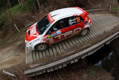 23;15-November-2008;ARC;Anne-Gigney;Australia;Australian-Rally-Championship;Coffs-Coast;Coffs-Harbour;NSW;New-South-Wales;Paul-Gover;Toyota-Corolla-Sportivo;auto;bridge;fisheye;motorsport;racing;special-stage