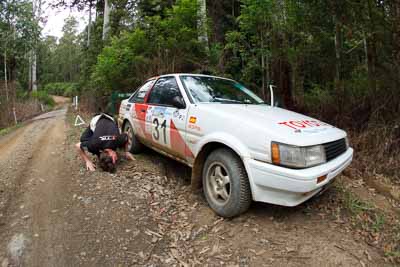 31;15-November-2008;ARC;Australia;Australian-Rally-Championship;Ben-Cullen;Coffs-Coast;Coffs-Harbour;Matthew-Cullen;NSW;NSW-Rally-Championship;NSWRC;New-South-Wales;Toyota-Corolla-Levin;auto;fisheye;motorsport;racing;special-stage