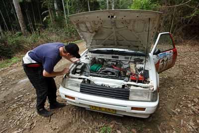 31;15-November-2008;ARC;Australia;Australian-Rally-Championship;Ben-Cullen;Coffs-Coast;Coffs-Harbour;Matthew-Cullen;NSW;NSW-Rally-Championship;NSWRC;New-South-Wales;Toyota-Corolla-Levin;auto;engine;inspection;motorsport;movement;racing;special-stage;speed;wide-angle