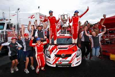 15-November-2008;ARC;Australia;Australian-Rally-Championship;Coffs-Coast;Coffs-Harbour;NSW;New-South-Wales;atmosphere;auto;celebration;crew;mechanics;members;motorsport;racing;service-centre;service-park;team;trophy;wide-angle;winning