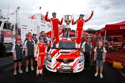 15-November-2008;ARC;Australia;Australian-Rally-Championship;Coffs-Coast;Coffs-Harbour;NSW;New-South-Wales;atmosphere;auto;celebration;crew;mechanics;members;motorsport;racing;service-centre;service-park;team;trophy;wide-angle;winning