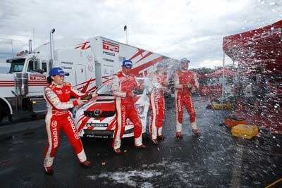 2;15-November-2008;ARC;Australia;Australian-Rally-Championship;Coffs-Coast;Coffs-Harbour;Coral-Taylor;NSW;Neal-Bates;New-South-Wales;Simon-Evans;Sue-Evans;Team-TRD;Toyota-TRD-Corolla-S2000;atmosphere;auto;celebration;champagne;crew;mechanics;members;motorsport;racing;service-centre;service-park;team;wide-angle;winning