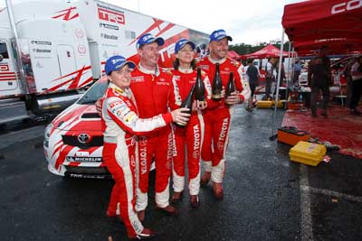 2;15-November-2008;ARC;Australia;Australian-Rally-Championship;Coffs-Coast;Coffs-Harbour;Coral-Taylor;NSW;Neal-Bates;New-South-Wales;Simon-Evans;Sue-Evans;Team-TRD;Toyota-TRD-Corolla-S2000;atmosphere;auto;celebration;champagne;crew;mechanics;members;motorsport;movement;racing;service-centre;service-park;speed;team;wide-angle;winning