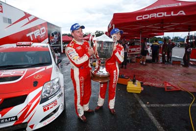 2;15-November-2008;ARC;Australia;Australian-Rally-Championship;Coffs-Coast;Coffs-Harbour;Coral-Taylor;NSW;Neal-Bates;New-South-Wales;Team-TRD;Toyota-TRD-Corolla-S2000;atmosphere;auto;celebration;crew;mechanics;members;motorsport;racing;service-centre;service-park;team;trophy;wide-angle;winning