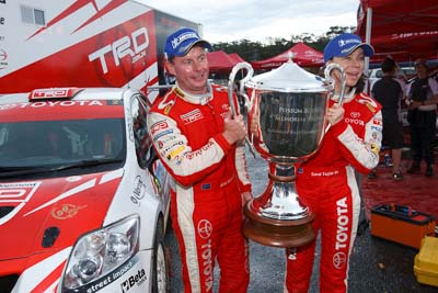 2;15-November-2008;ARC;Australia;Australian-Rally-Championship;Coffs-Coast;Coffs-Harbour;Coral-Taylor;NSW;Neal-Bates;New-South-Wales;Team-TRD;Toyota-TRD-Corolla-S2000;atmosphere;auto;celebration;crew;mechanics;members;motorsport;racing;service-centre;service-park;team;trophy;wide-angle;winning