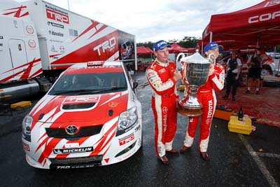 2;15-November-2008;ARC;Australia;Australian-Rally-Championship;Coffs-Coast;Coffs-Harbour;Coral-Taylor;NSW;Neal-Bates;New-South-Wales;Team-TRD;Toyota-TRD-Corolla-S2000;atmosphere;auto;celebration;crew;mechanics;members;motorsport;racing;service-centre;service-park;team;trophy;wide-angle;winning