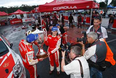 2;15-November-2008;ARC;Australia;Australian-Rally-Championship;Bob-Seary;Coffs-Coast;Coffs-Harbour;Coral-Taylor;NSW;Neal-Bates;New-South-Wales;Team-TRD;Toyota-TRD-Corolla-S2000;atmosphere;auto;celebration;crew;mechanics;members;motorsport;photographers;racing;service-centre;service-park;team;trophy;wide-angle;winning