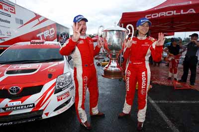 2;15-November-2008;ARC;Australia;Australian-Rally-Championship;Coffs-Coast;Coffs-Harbour;Coral-Taylor;NSW;Neal-Bates;New-South-Wales;Team-TRD;Toyota-TRD-Corolla-S2000;atmosphere;auto;celebration;motorsport;racing;service-centre;service-park;trophy;wide-angle;winning