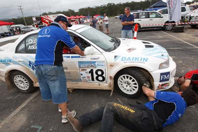 18;16-November-2008;ARC;Australia;Australian-Rally-Championship;Ben-Atkinson;Coffs-Coast;Coffs-Harbour;Evo-5;Mitsubishi-Lancer;Mitsubishi-Lancer-Evolution-V;NSW;NSW-Rally-Championship;NSWRC;Nathan-Quinn;New-South-Wales;auto;crew;mechanics;motorsport;racing;service;service-centre;service-park;team;wide-angle