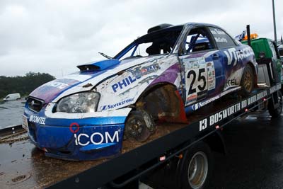 25;16-November-2008;ARC;Australia;Australian-Rally-Championship;Coffs-Coast;Coffs-Harbour;John-McCarthy;Matthew-van-Tuinen;NSW;New-South-Wales;Subaru-Impreza-WRX-STI;auto;crash;damage;motorsport;racing;rollover;tow-truck;wide-angle