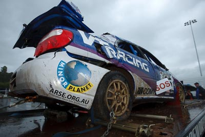 25;16-November-2008;ARC;Australia;Australian-Rally-Championship;Coffs-Coast;Coffs-Harbour;John-McCarthy;Matthew-van-Tuinen;NSW;New-South-Wales;Subaru-Impreza-WRX-STI;auto;crash;damage;motorsport;racing;rollover;tow-truck;wide-angle