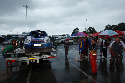 25;16-November-2008;ARC;Australia;Australian-Rally-Championship;Coffs-Coast;Coffs-Harbour;John-McCarthy;Matthew-van-Tuinen;NSW;New-South-Wales;Subaru-Impreza-WRX-STI;auto;crash;damage;motorsport;racing;rollover;tow-truck;wide-angle