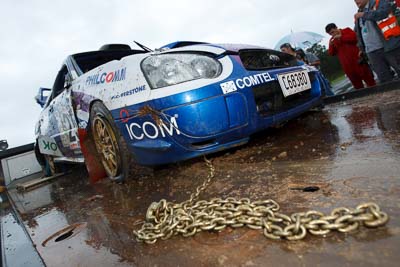 25;16-November-2008;ARC;Australia;Australian-Rally-Championship;Coffs-Coast;Coffs-Harbour;John-McCarthy;Matthew-van-Tuinen;NSW;New-South-Wales;Subaru-Impreza-WRX-STI;auto;crash;damage;motorsport;racing;rollover;tow-truck;wide-angle