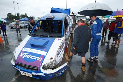 25;16-November-2008;ARC;Australia;Australian-Rally-Championship;Coffs-Coast;Coffs-Harbour;John-McCarthy;Matthew-van-Tuinen;NSW;New-South-Wales;Subaru-Impreza-WRX-STI;auto;crash;damage;motorsport;racing;rollover;tow-truck;wide-angle