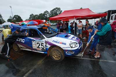 25;16-November-2008;ARC;Australia;Australian-Rally-Championship;Coffs-Coast;Coffs-Harbour;John-McCarthy;Matthew-van-Tuinen;NSW;New-South-Wales;Subaru-Impreza-WRX-STI;auto;crash;damage;motorsport;racing;rollover;tow-truck;wide-angle