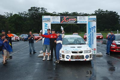 18;16-November-2008;ARC;Australia;Australian-Rally-Championship;Ben-Atkinson;Coffs-Coast;Coffs-Harbour;Evo-5;Mitsubishi-Lancer;Mitsubishi-Lancer-Evolution-V;NSW;NSW-Rally-Championship;NSWRC;Nathan-Quinn;New-South-Wales;auto;celebration;motorsport;podium;racing;wide-angle