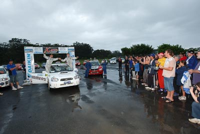 3;16-November-2008;ARC;Australia;Australian-Rally-Championship;Chris-Murphy;Coffs-Coast;Coffs-Harbour;Eli-Evans;NSW;New-South-Wales;Subaru-Impreza-WRX-STI;auto;celebration;motorsport;podium;racing;wide-angle