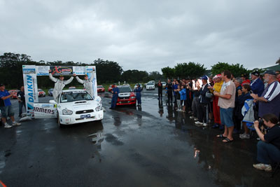 3;16-November-2008;ARC;Australia;Australian-Rally-Championship;Chris-Murphy;Coffs-Coast;Coffs-Harbour;Eli-Evans;NSW;New-South-Wales;Subaru-Impreza-WRX-STI;auto;celebration;motorsport;podium;racing;wide-angle