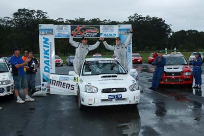 3;16-November-2008;ARC;Australia;Australian-Rally-Championship;Chris-Murphy;Coffs-Coast;Coffs-Harbour;Eli-Evans;NSW;New-South-Wales;Subaru-Impreza-WRX-STI;auto;celebration;motorsport;podium;racing;wide-angle