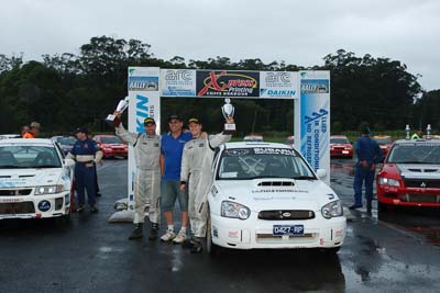 3;16-November-2008;ARC;Australia;Australian-Rally-Championship;Chris-Murphy;Coffs-Coast;Coffs-Harbour;Eli-Evans;NSW;New-South-Wales;Subaru-Impreza-WRX-STI;auto;celebration;motorsport;podium;racing;wide-angle