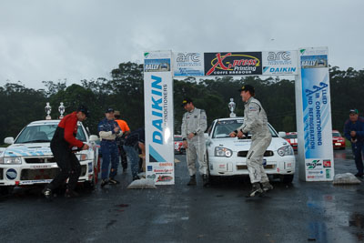 18;3;16-November-2008;ARC;Australia;Australian-Rally-Championship;Ben-Atkinson;Chris-Murphy;Coffs-Coast;Coffs-Harbour;Eli-Evans;Evo-5;Mitsubishi-Lancer;Mitsubishi-Lancer-Evolution-V;NSW;Nathan-Quinn;New-South-Wales;Subaru-Impreza-WRX-STI;auto;celebration;motorsport;podium;racing;wide-angle