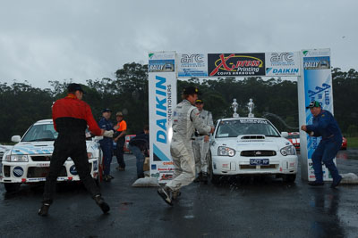 18;3;16-November-2008;ARC;Australia;Australian-Rally-Championship;Ben-Atkinson;Chris-Murphy;Coffs-Coast;Coffs-Harbour;Eli-Evans;Evo-5;Michael-Boaden;Mitsubishi-Lancer;Mitsubishi-Lancer-Evolution-V;NSW;Nathan-Quinn;New-South-Wales;Subaru-Impreza-WRX-STI;auto;celebration;motorsport;podium;racing;wide-angle