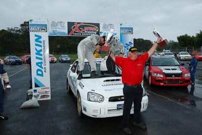 3;16-November-2008;ARC;Australia;Australian-Rally-Championship;Chris-Murphy;Coffs-Coast;Coffs-Harbour;Eli-Evans;NSW;New-South-Wales;Subaru-Impreza-WRX-STI;auto;celebration;motorsport;podium;racing;trophy;wide-angle