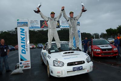 3;16-November-2008;ARC;Australia;Australian-Rally-Championship;Chris-Murphy;Coffs-Coast;Coffs-Harbour;Eli-Evans;NSW;New-South-Wales;Subaru-Impreza-WRX-STI;auto;celebration;clouds;motorsport;podium;racing;sky;trophy;wide-angle