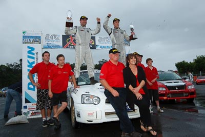 3;16-November-2008;ARC;Australia;Australian-Rally-Championship;Chris-Murphy;Coffs-Coast;Coffs-Harbour;Eli-Evans;NSW;New-South-Wales;Subaru-Impreza-WRX-STI;auto;celebration;motorsport;podium;racing;trophy;wide-angle