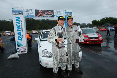 3;16-November-2008;ARC;Australia;Australian-Rally-Championship;Chris-Murphy;Coffs-Coast;Coffs-Harbour;Eli-Evans;NSW;New-South-Wales;Subaru-Impreza-WRX-STI;auto;celebration;motorsport;podium;racing;trophy;wide-angle