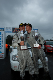 3;16-November-2008;ARC;Australia;Australian-Rally-Championship;Chris-Murphy;Coffs-Coast;Coffs-Harbour;Eli-Evans;NSW;New-South-Wales;Subaru-Impreza-WRX-STI;auto;celebration;clouds;motorsport;podium;racing;sky;trophy;wide-angle