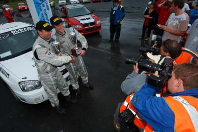 3;16-November-2008;ARC;Australia;Australian-Rally-Championship;Chris-Murphy;Coffs-Coast;Coffs-Harbour;Eli-Evans;NSW;New-South-Wales;Subaru-Impreza-WRX-STI;auto;celebration;motorsport;podium;racing;trophy;wide-angle