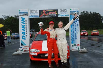 28;16-November-2008;ARC;Australia;Australian-Rally-Championship;Coffs-Coast;Coffs-Harbour;Mitsubishi-Mirage-RS;Molly-Taylor;NSW;NSW-Rally-Championship;NSWRC;New-South-Wales;Samantha-Stevens;auto;celebration;motorsport;podium;racing;trophy;wide-angle