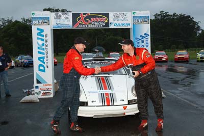 27;16-November-2008;ARC;Australia;Australian-Rally-Championship;Coffs-Coast;Coffs-Harbour;Grant-Geelan;Jeffrey-David;NSW;NSW-Rally-Championship;NSWRC;New-South-Wales;Porsche-911-Carrera;auto;celebration;motorsport;podium;racing;wide-angle