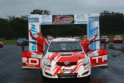 1;16-November-2008;ARC;Australia;Australian-Rally-Championship;Coffs-Coast;Coffs-Harbour;NSW;New-South-Wales;Simon-Evans;Sue-Evans;Team-TRD;Toyota-TRD-Corolla-S2000;auto;celebration;motorsport;podium;racing;wide-angle