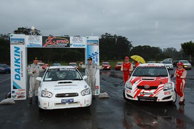 1;3;16-November-2008;ARC;Australia;Australian-Rally-Championship;Chris-Murphy;Coffs-Coast;Coffs-Harbour;Eli-Evans;NSW;New-South-Wales;Simon-Evans;Subaru-Impreza-WRX-STI;Sue-Evans;Team-TRD;Toyota-TRD-Corolla-S2000;auto;celebration;motorsport;podium;racing;wide-angle