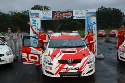 2;16-November-2008;ARC;Australia;Australian-Rally-Championship;Coffs-Coast;Coffs-Harbour;Coral-Taylor;NSW;Neal-Bates;New-South-Wales;Team-TRD;Toyota-TRD-Corolla-S2000;auto;celebration;motorsport;podium;racing;wide-angle