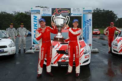 2;16-November-2008;ARC;Australia;Australian-Rally-Championship;Coffs-Coast;Coffs-Harbour;Coral-Taylor;NSW;Neal-Bates;New-South-Wales;Team-TRD;Toyota-TRD-Corolla-S2000;auto;celebration;motorsport;podium;racing;trophy;wide-angle