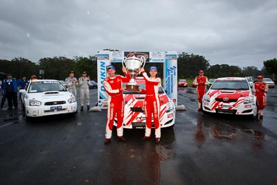 2;16-November-2008;ARC;Australia;Australian-Rally-Championship;Coffs-Coast;Coffs-Harbour;Coral-Taylor;NSW;Neal-Bates;New-South-Wales;Team-TRD;Toyota-TRD-Corolla-S2000;auto;celebration;clouds;motorsport;podium;racing;sky;trophy;wide-angle