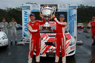 2;16-November-2008;ARC;Australia;Australian-Rally-Championship;Coffs-Coast;Coffs-Harbour;Coral-Taylor;NSW;Neal-Bates;New-South-Wales;Team-TRD;Toyota-TRD-Corolla-S2000;auto;celebration;motorsport;podium;racing;trophy;wide-angle