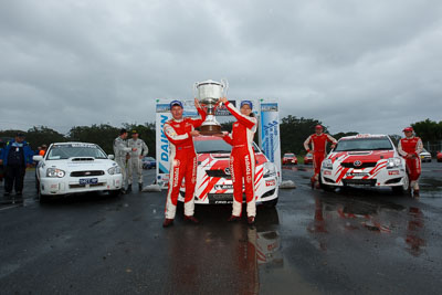 2;16-November-2008;ARC;Australia;Australian-Rally-Championship;Coffs-Coast;Coffs-Harbour;Coral-Taylor;NSW;Neal-Bates;New-South-Wales;Team-TRD;Toyota-TRD-Corolla-S2000;auto;celebration;clouds;motorsport;podium;racing;sky;trophy;wide-angle