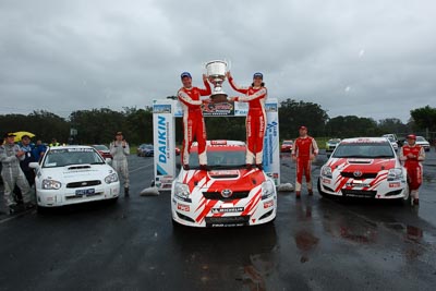 2;16-November-2008;ARC;Australia;Australian-Rally-Championship;Coffs-Coast;Coffs-Harbour;Coral-Taylor;NSW;Neal-Bates;New-South-Wales;Team-TRD;Toyota-TRD-Corolla-S2000;auto;celebration;clouds;motorsport;podium;racing;sky;trophy;wide-angle