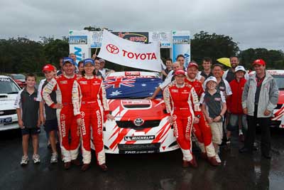 2;16-November-2008;ARC;Australia;Australian-Rally-Championship;Coffs-Coast;Coffs-Harbour;Coral-Taylor;NSW;Neal-Bates;New-South-Wales;Team-TRD;Toyota-TRD-Corolla-S2000;auto;celebration;crew;flag;mechanics;members;motorsport;podium;racing;team;wide-angle