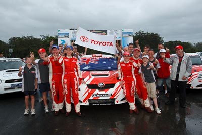 2;16-November-2008;ARC;Australia;Australian-Rally-Championship;Coffs-Coast;Coffs-Harbour;Coral-Taylor;NSW;Neal-Bates;New-South-Wales;Team-TRD;Toyota-TRD-Corolla-S2000;auto;celebration;crew;flag;mechanics;members;motorsport;podium;racing;team;wide-angle