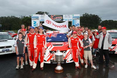 2;16-November-2008;ARC;Australia;Australian-Rally-Championship;Coffs-Coast;Coffs-Harbour;Coral-Taylor;NSW;Neal-Bates;New-South-Wales;Team-TRD;Toyota-TRD-Corolla-S2000;auto;celebration;crew;flag;mechanics;members;motorsport;podium;racing;team;wide-angle