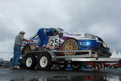 25;16-November-2008;ARC;Australia;Australian-Rally-Championship;Coffs-Coast;Coffs-Harbour;John-McCarthy;Matthew-van-Tuinen;NSW;New-South-Wales;Subaru-Impreza-WRX-STI;auto;damage;motorsport;racing;rollover;tow-truck;wide-angle