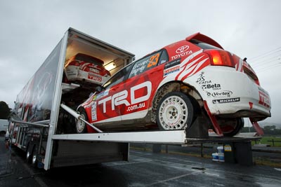 23;16-November-2008;ARC;Anne-Gigney;Australia;Australian-Rally-Championship;Coffs-Coast;Coffs-Harbour;NSW;New-South-Wales;Paul-Gover;Toyota-Corolla-Sportivo;auto;motorsport;racing;transporter;wide-angle